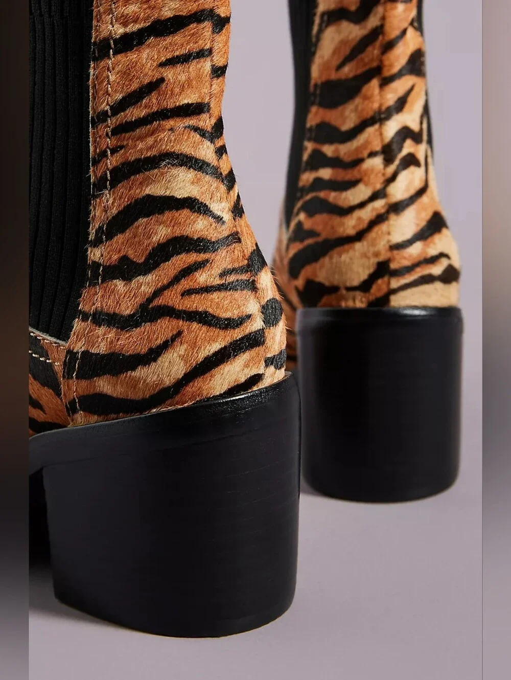 NWOT Silent D Nirvani Knit Chelsea Tiger Print Ankle Boots with Black Knit Shaft